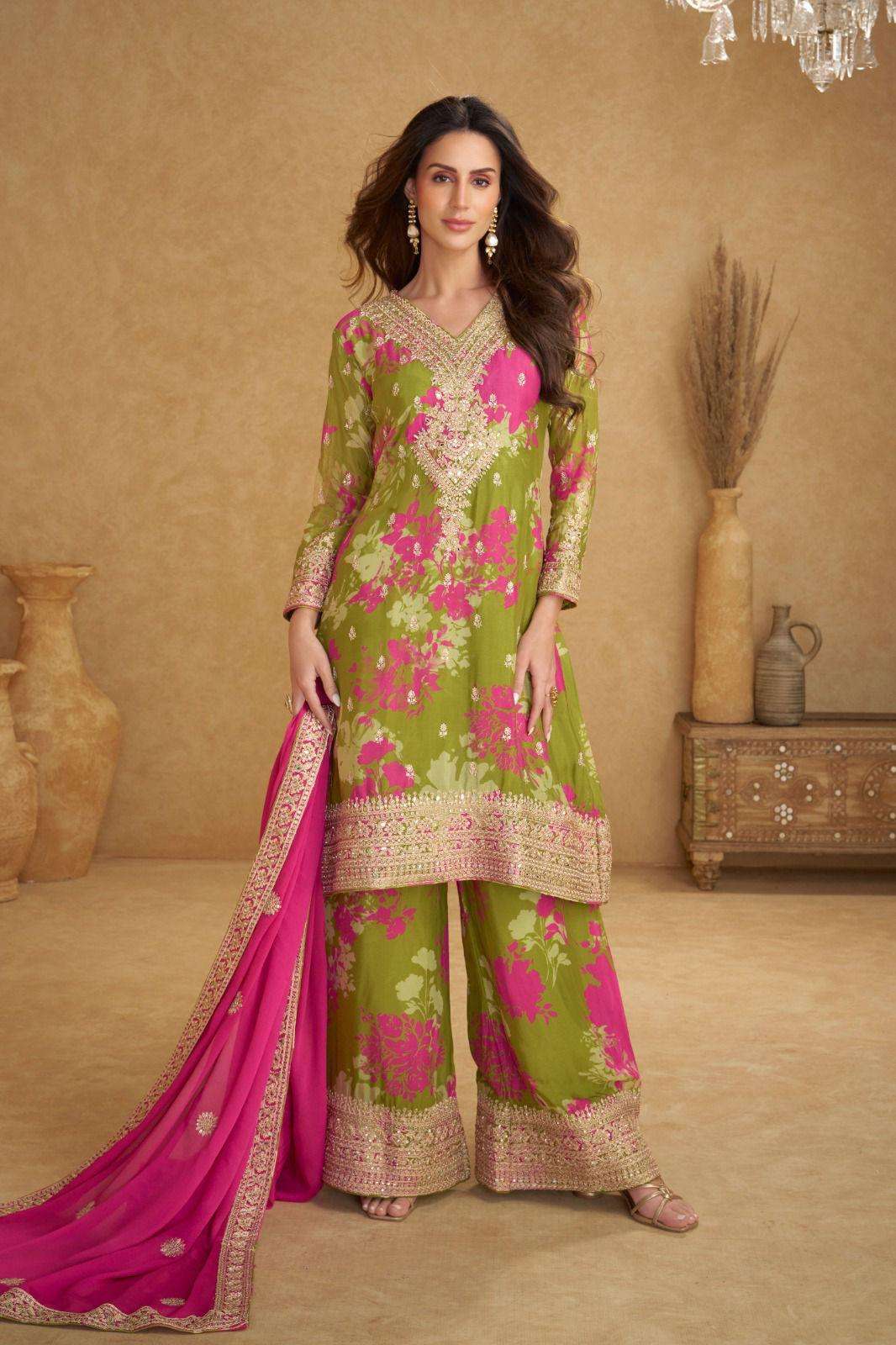 DESIGNER WEDDING PARTY WEAR REAL CHINON GREEN SHARARA PALLAZO SALWAR SUIT GL SOFIYA 7577