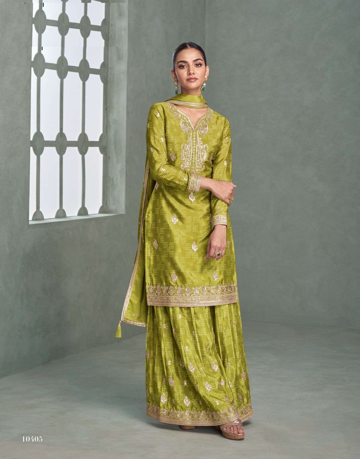 DESIGNER WEDDING PARTY WEAR REAL CHINON GREEN SHARARA PALLAZO SALWAR SUIT 10405