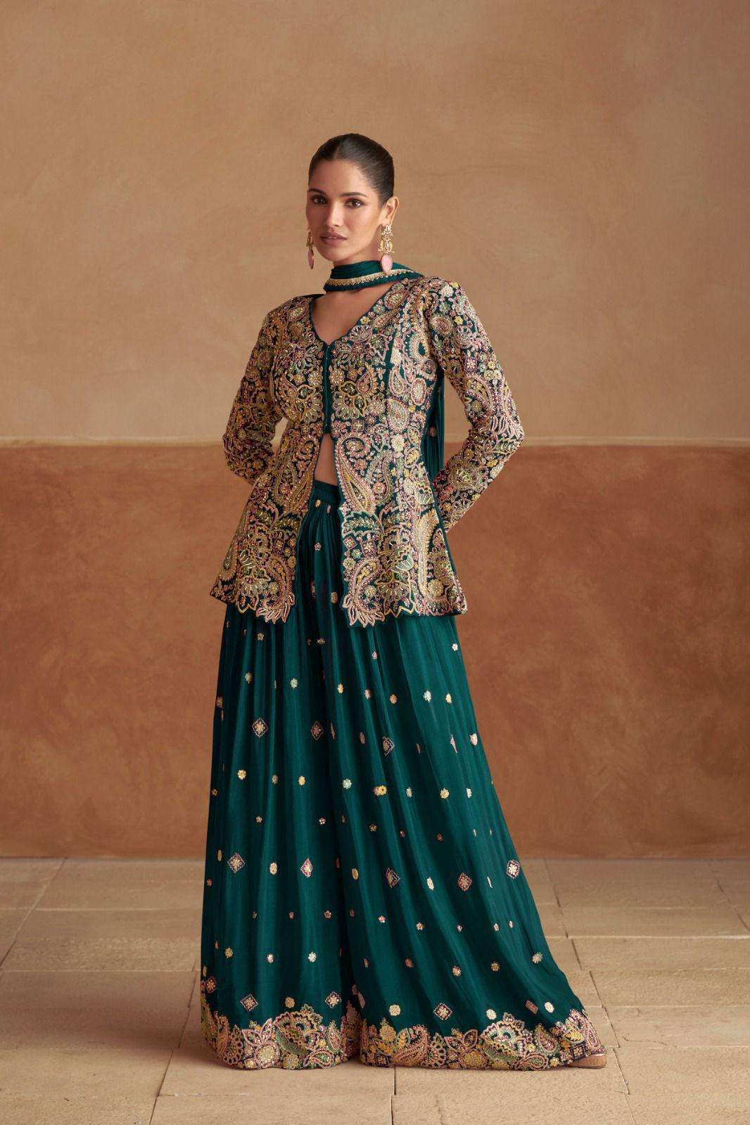 DESIGNER WEDDING PARTY WEAR REAL CHINON GREEN SHARARA PALLAZO SALWAR SUIT GL RAIMA 7549 B