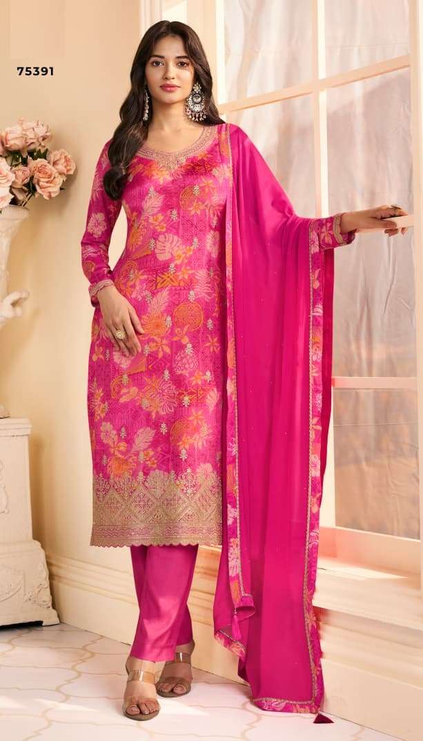 DESIGNER WEDDING PARTY WEAR REAL CHINON PINK SALWAR SUIT SV VNY ROOP 75391