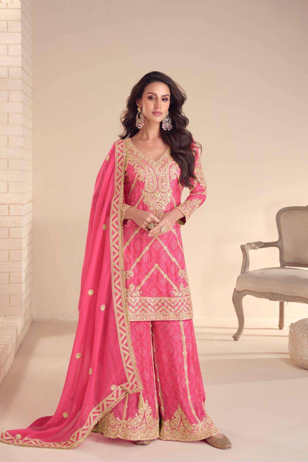 DESIGNER WEDDING PARTY WEAR REAL CHINON PINK SHARARA PALLAZO SALWAR SUIT GL RANGOLI 7578 A