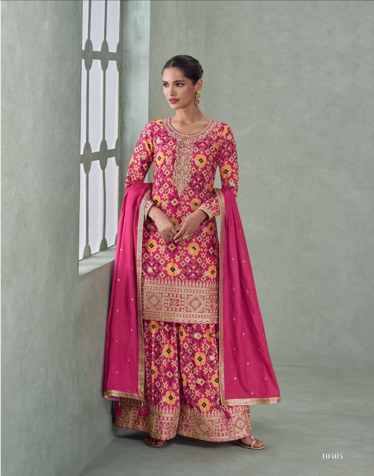 DESIGNER WEDDING PARTY WEAR REAL CHINON RANI PINK SHARARA PALLAZO SALWAR SUIT 10404