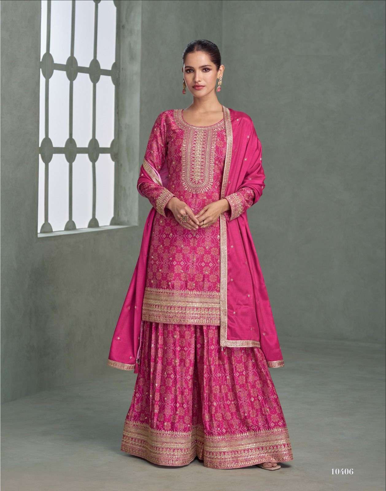 DESIGNER WEDDING PARTY WEAR REAL CHINON RANI PINK SHARARA PALLAZO SALWAR SUIT 10406
