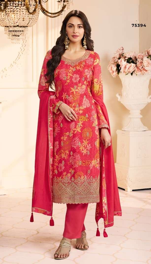 DESIGNER WEDDING PARTY WEAR REAL CHINON RED SALWAR SUIT SV VNY ROOP 75394