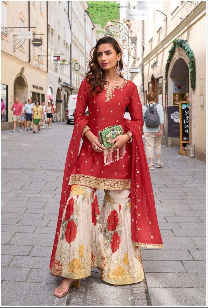 DESIGNER WEDDING PARTY WEAR REAL CHINON RED SHARARA PALLAZO SALWAR SUIT SY RASHMIKA 7581