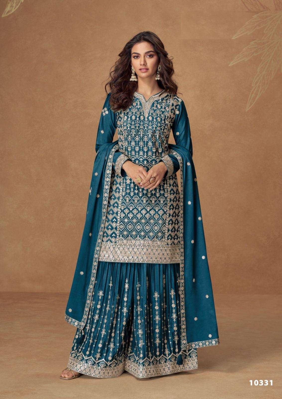 DESIGNER WEDDING PARTY WEAR REAL CHINON SILK BLUE SHARARA PALLAZO SALWAR SUIT AF PAKIZA 10331