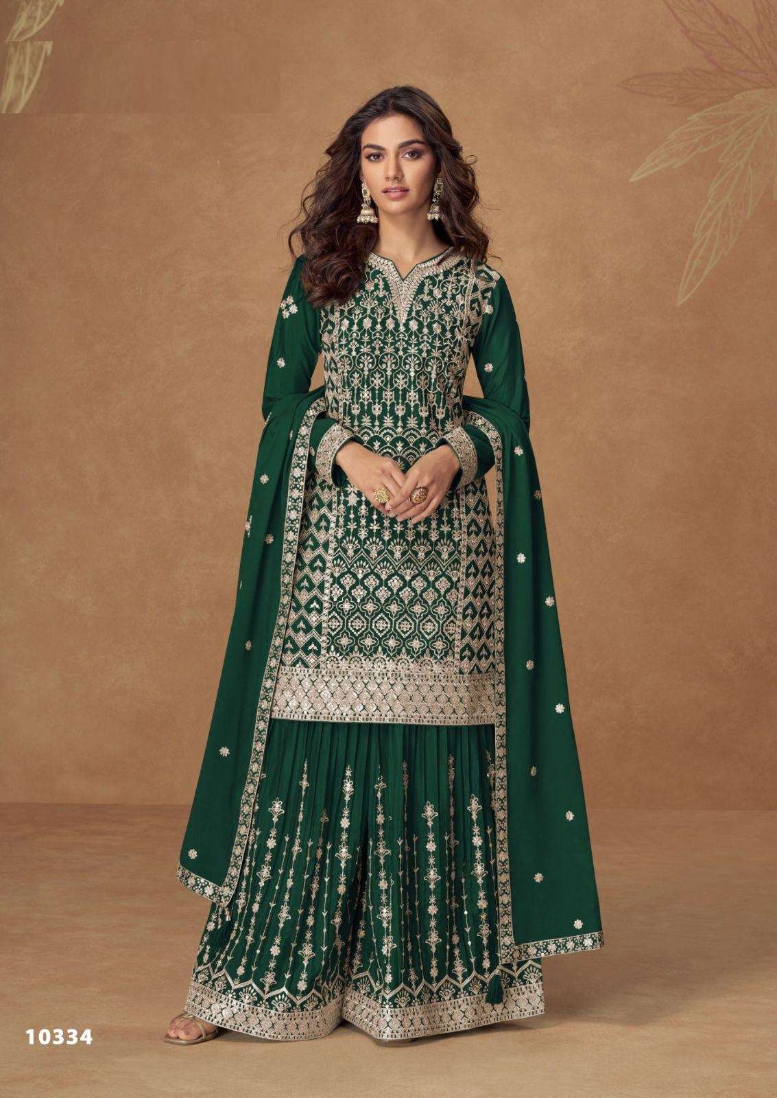 DESIGNER WEDDING PARTY WEAR REAL CHINON SILK GREEN SHARARA PALLAZO SALWAR SUIT AF PAKIZA 10334