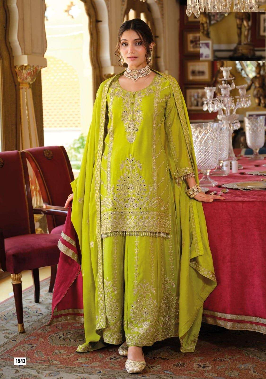 DESIGNER WEDDING PARTY WEAR REAL CHINON SILK GREEN SHARARA PALLAZO SALWAR SUIT EBA SUNDARI 1943