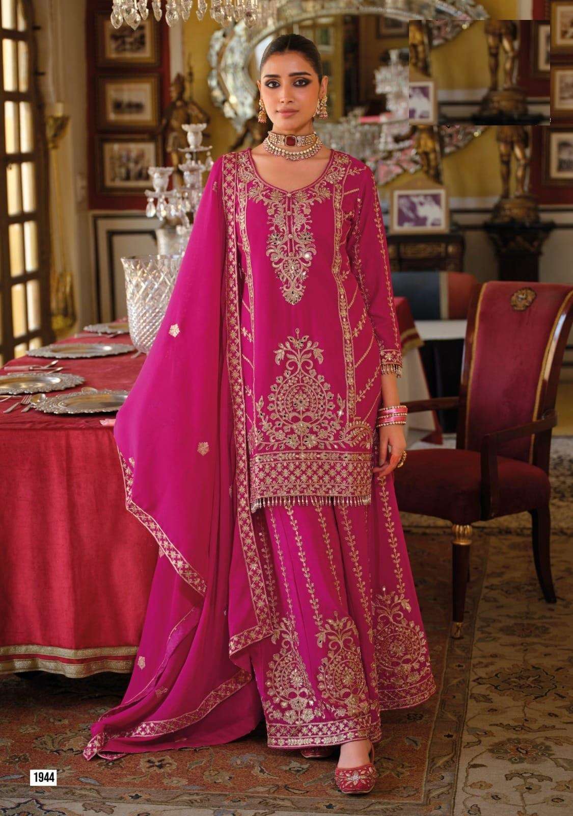 DESIGNER WEDDING PARTY WEAR REAL CHINON SILK RANI PINK SHARARA PALLAZO SALWAR SUIT EBA SUNDARI 1944