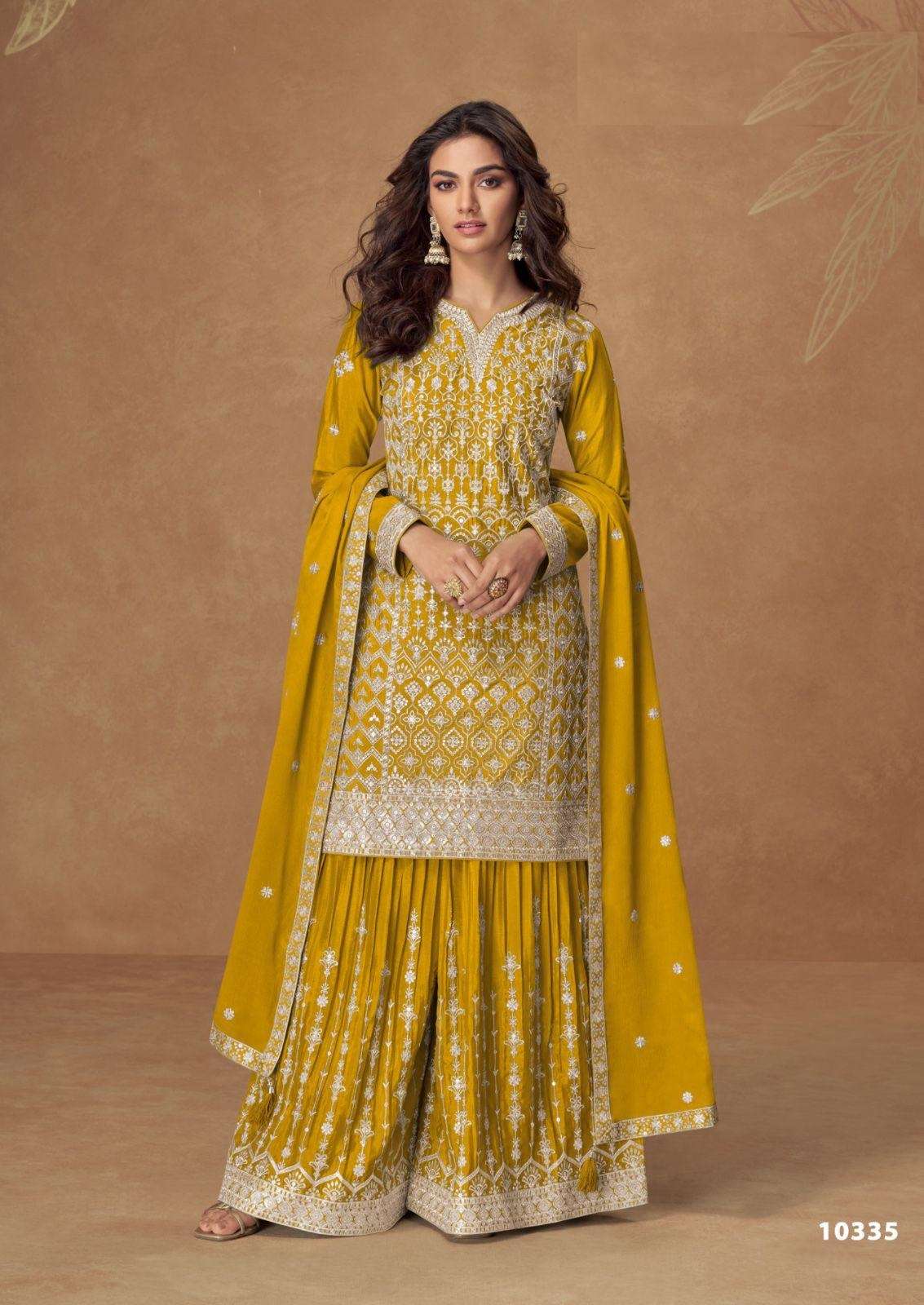 DESIGNER WEDDING PARTY WEAR REAL CHINON SILK YELLOW SHARARA PALLAZO SALWAR SUIT AF PAKIZA 10335
