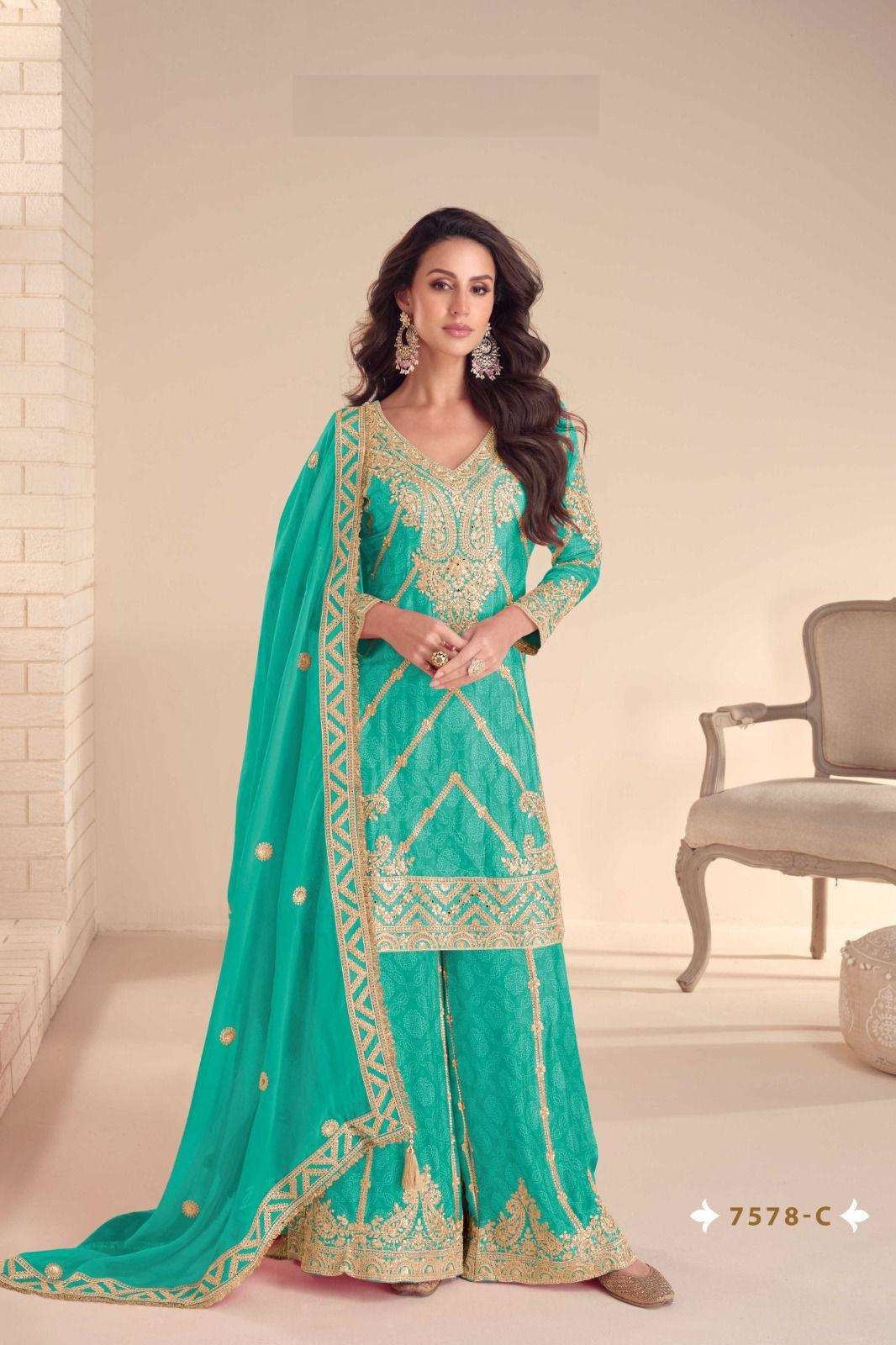 DESIGNER WEDDING PARTY WEAR REAL CHINON SKY BLUE SHARARA PALLAZO SALWAR SUIT GL RANGOLI 7578 C