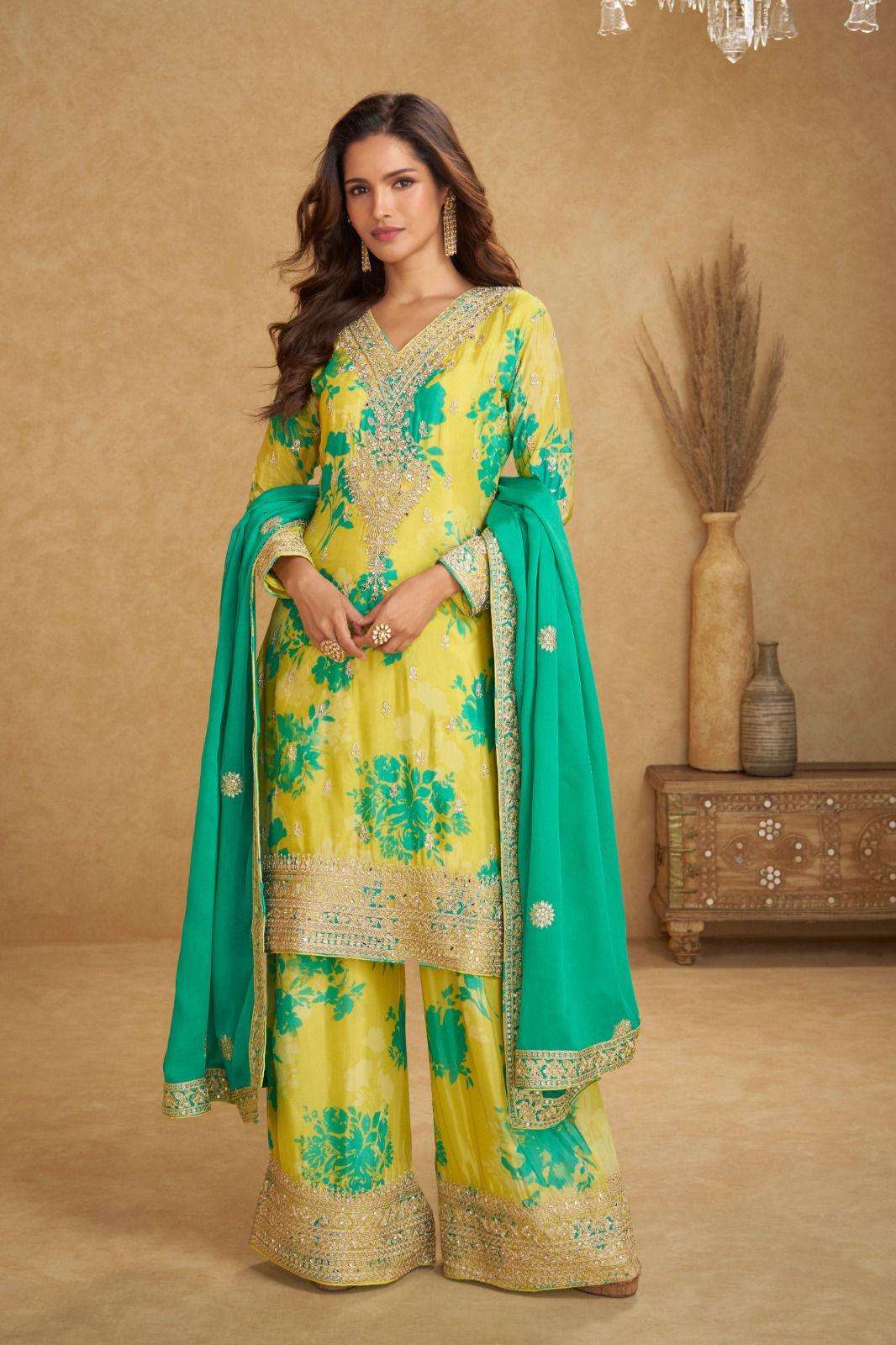 DESIGNER WEDDING PARTY WEAR REAL CHINON YELLOW SHARARA PALLAZO SALWAR SUIT GL SOFIYA 7576
