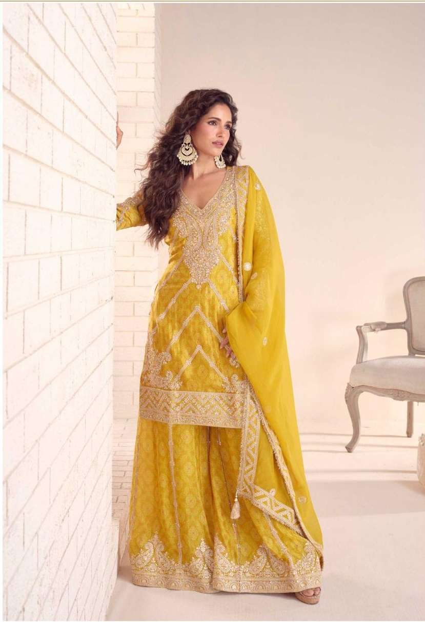 DESIGNER WEDDING PARTY WEAR REAL CHINON YELLOW SHARARA PALLAZO SALWAR SUIT GL RANGOLI 7578 B