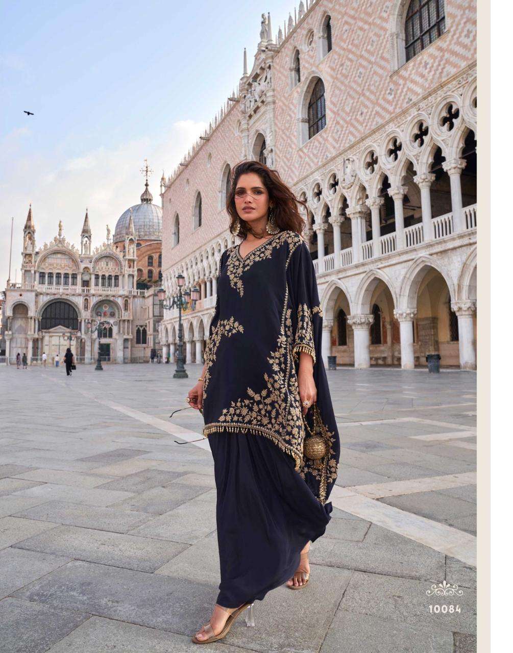 DESIGNER WEDDING PARTY WEAR REAL PREMIUM CRAPE BLUE TOP PALLAZO SALWAR SUIT SY CROWN 10084