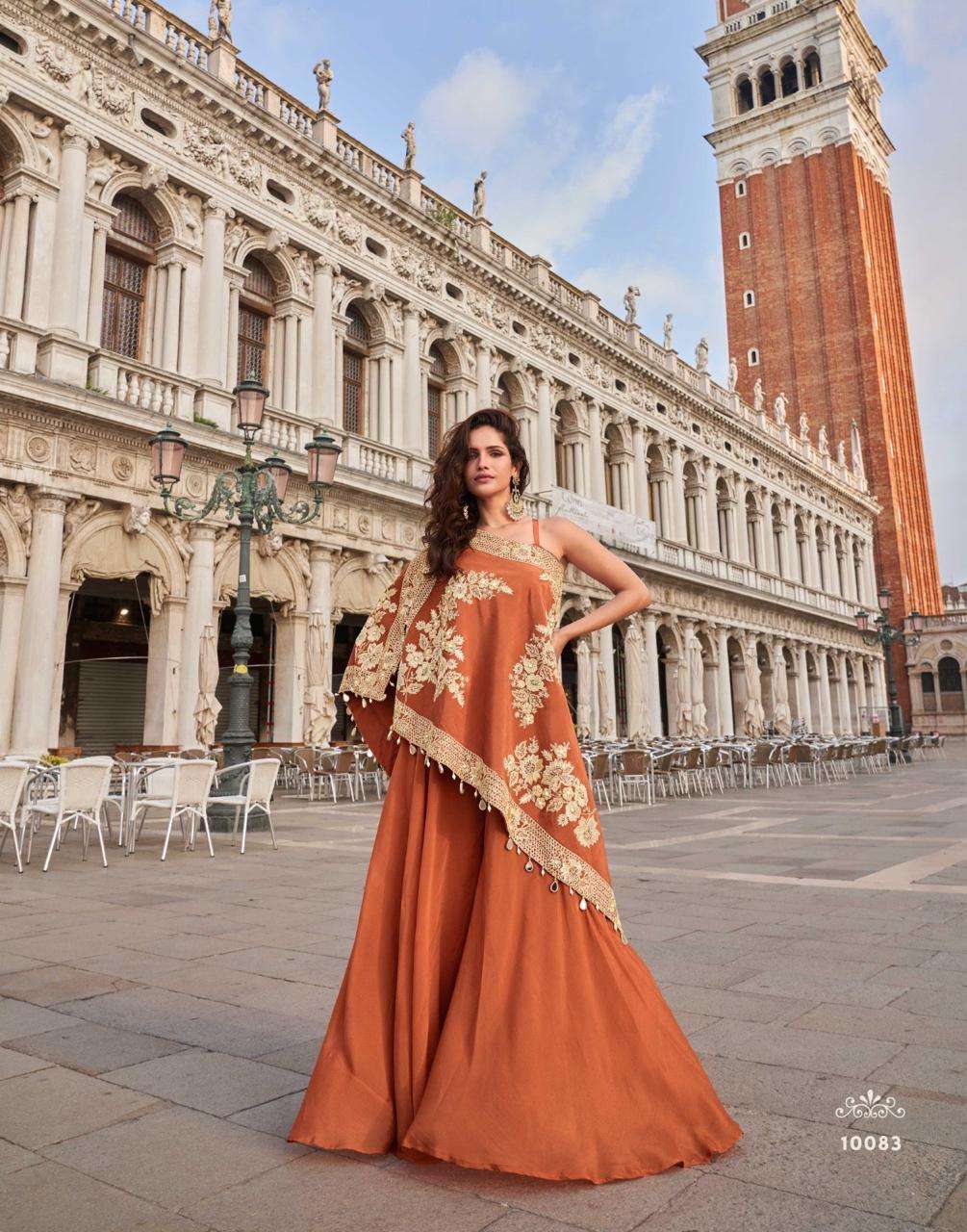 DESIGNER WEDDING PARTY WEAR REAL PREMIUM CRAPE ORANGE TOP PALLAZO SALWAR SUIT SY CROWN 10083