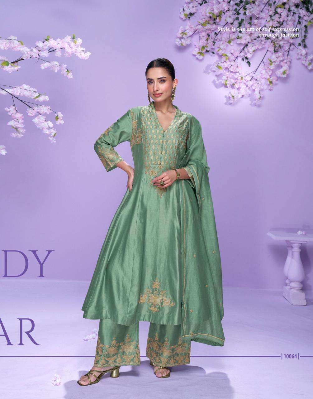 DESIGNER WEDDING PARTY WEAR ROMAN SILK GREEN SHARARA PALLAZO SALWAR SUIT SY MAUSAM 10064