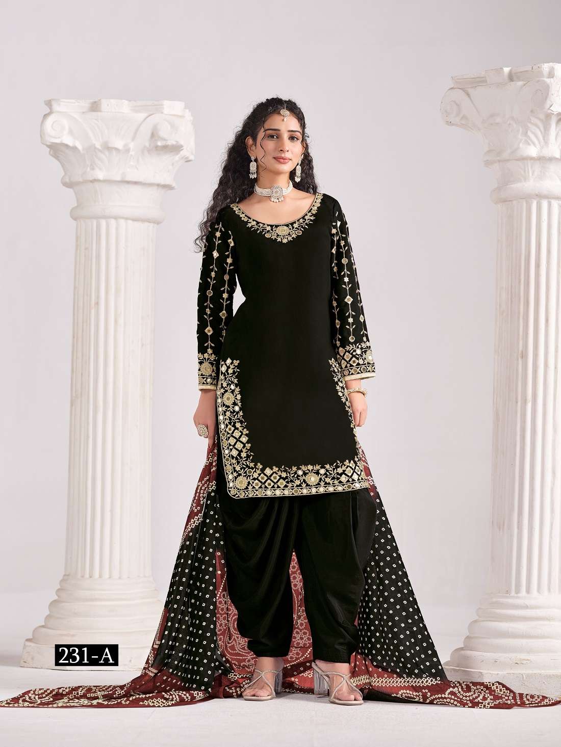DESIGNER WEDDING PARTY WEAR ROMAN SILK REAL MIRROR BLACK PATIYALA SALWAR SUIT ANY 231 A