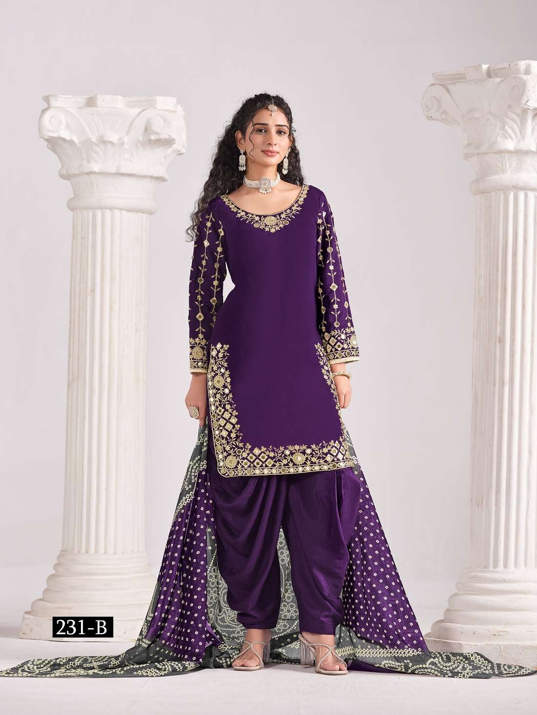 DESIGNER WEDDING PARTY WEAR ROMAN SILK REAL MIRROR PURPLE PATIYALA SALWAR SUIT ANY 231 B