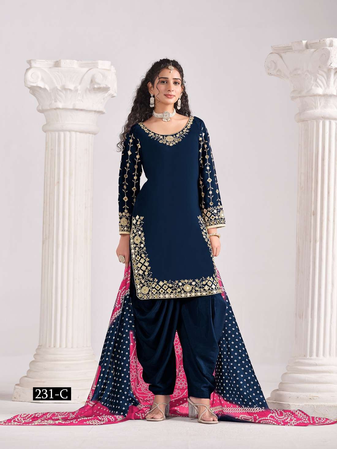 DESIGNER WEDDING PARTY WEAR ROMAN SILK REAL MIRROR BLUE PATIYALA SALWAR SUIT ANY 231 C