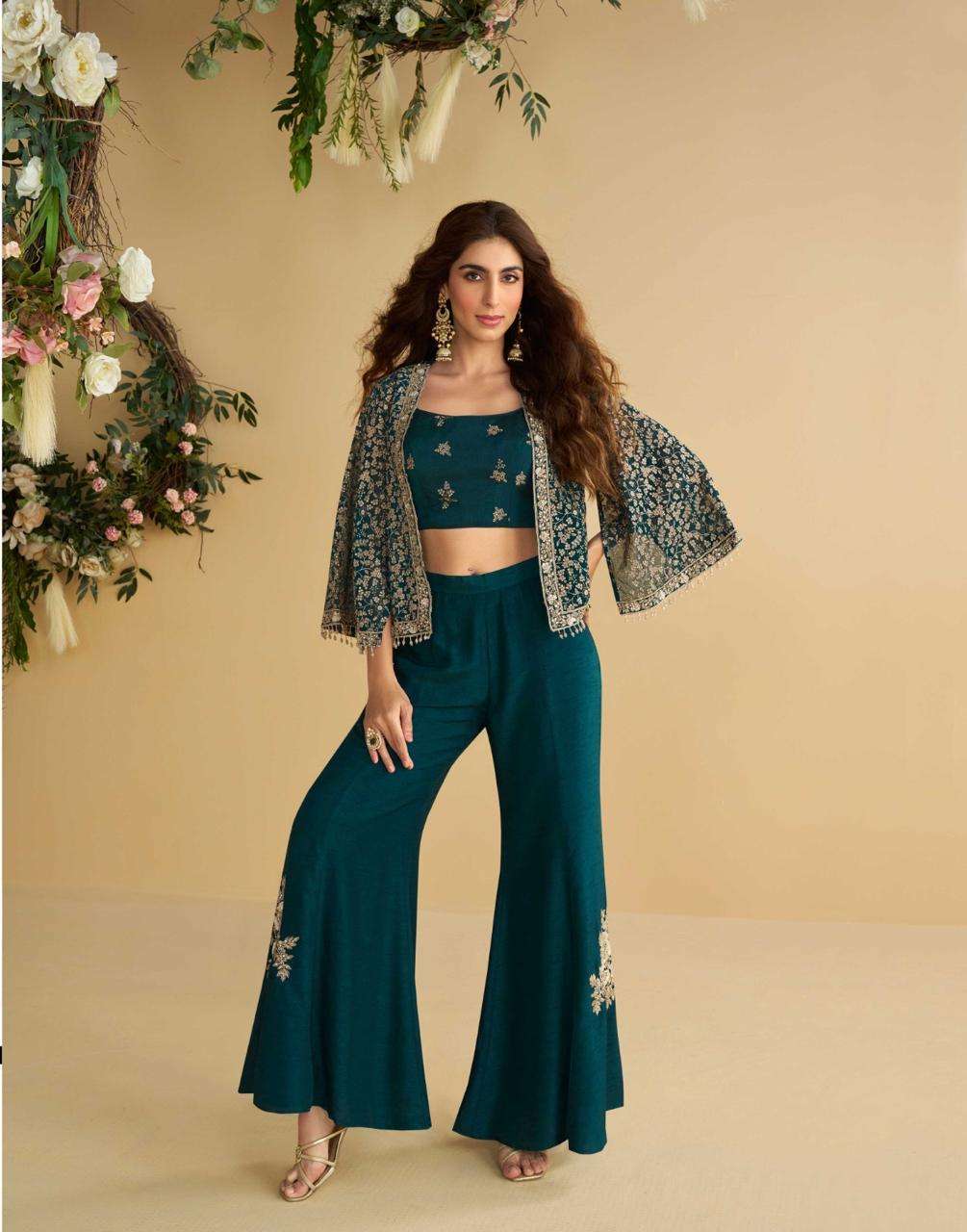 DESIGNER WEDDING PARTY WEAR SILK RAMA GREEN JACKET BLOUSE PALLAZO SALWAR SUIT SY 10079