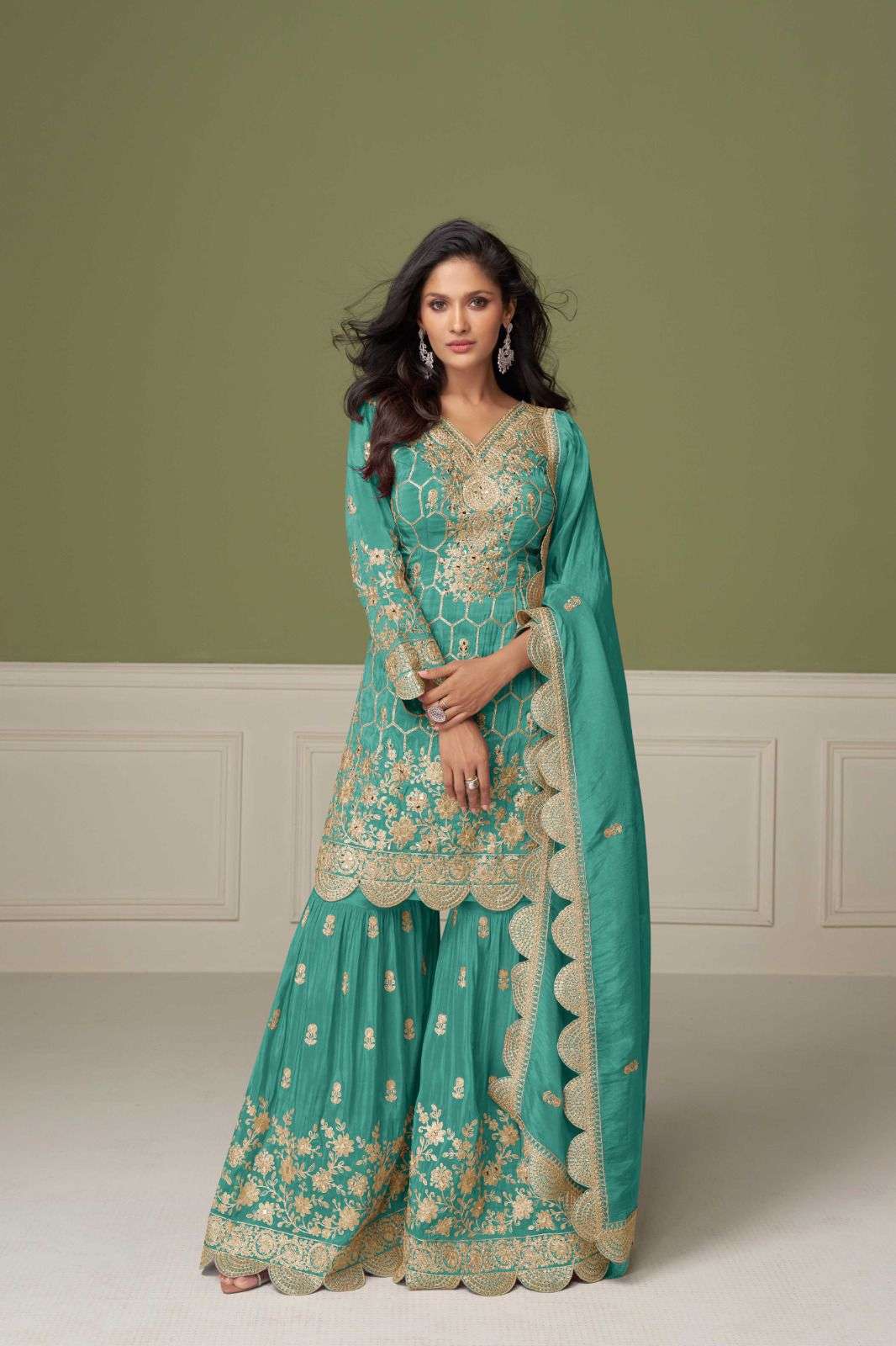 DESIGNER WEDDING PARTY WEAR SIMAR SILK GREEN BLUE SHARARA PALLAZO SALWAR SUIT GL ALEENA 7554 B