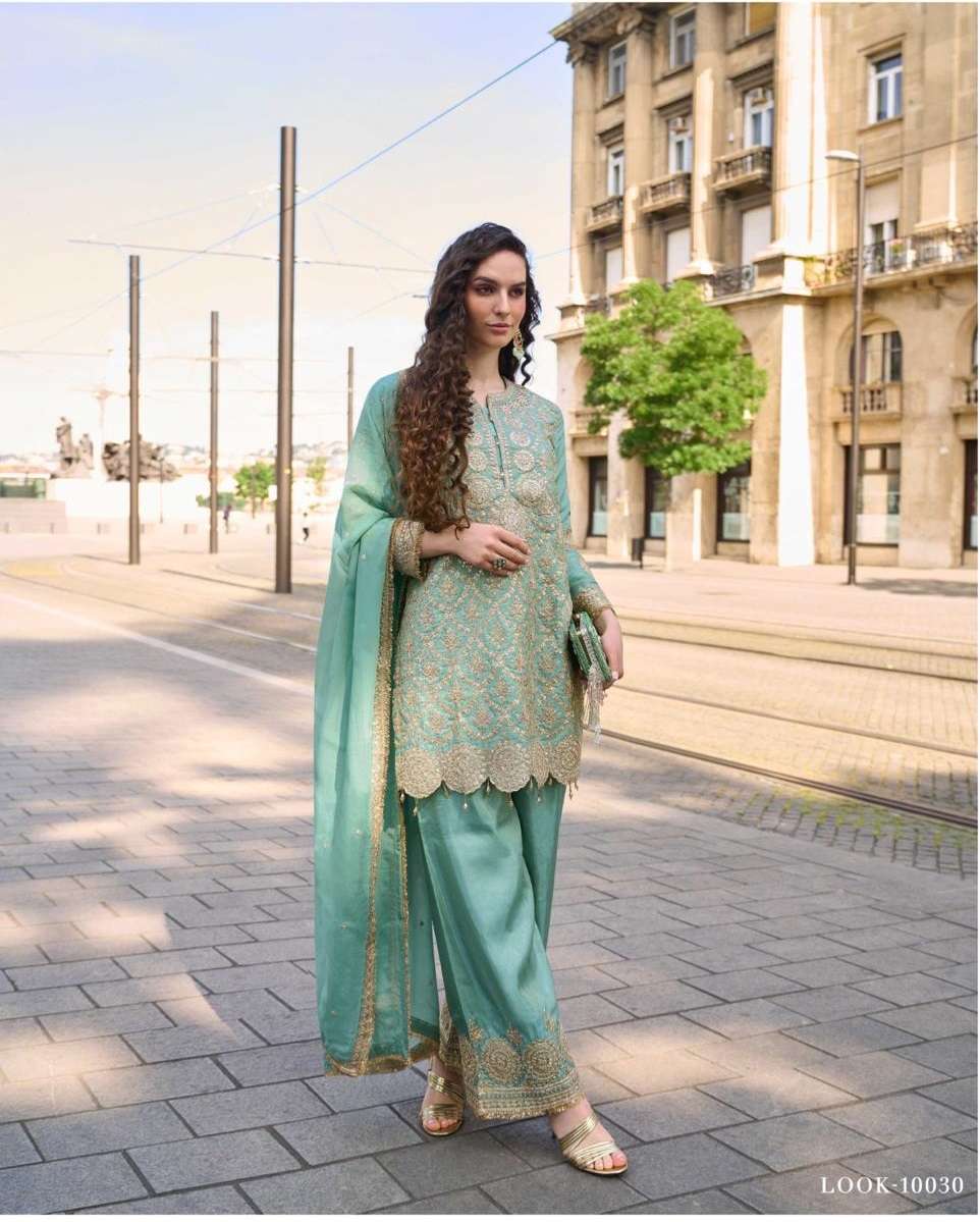 DESIGNER WEDDING PARTY WEAR SIMAR SILK GREEN SHARARA PALLAZO SALWAR SUIT SY MUMTAZ 10030