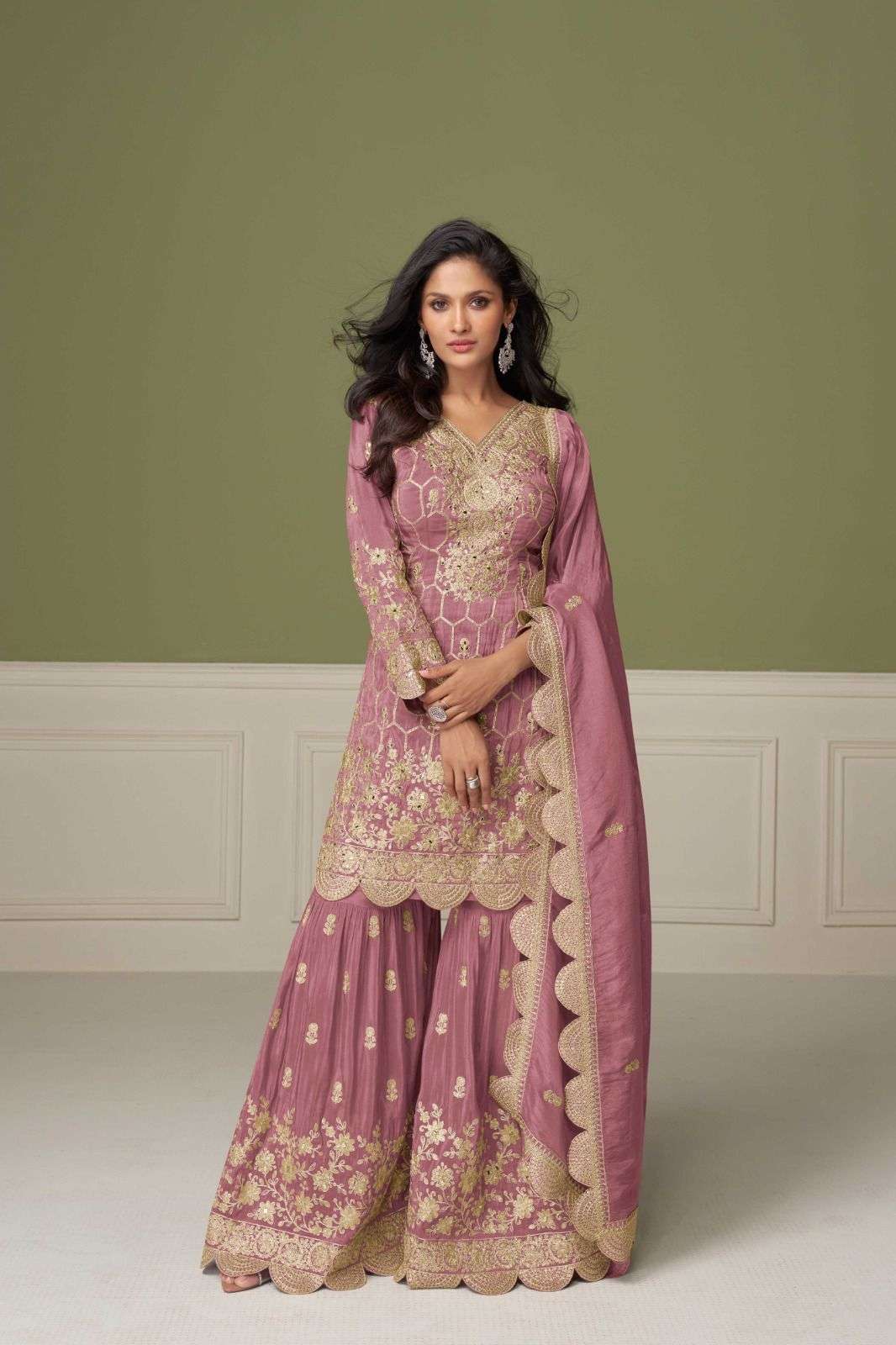 DESIGNER WEDDING PARTY WEAR SIMAR SILK PINK SHARARA PALLAZO SALWAR SUIT GL ALEENA 7554 C