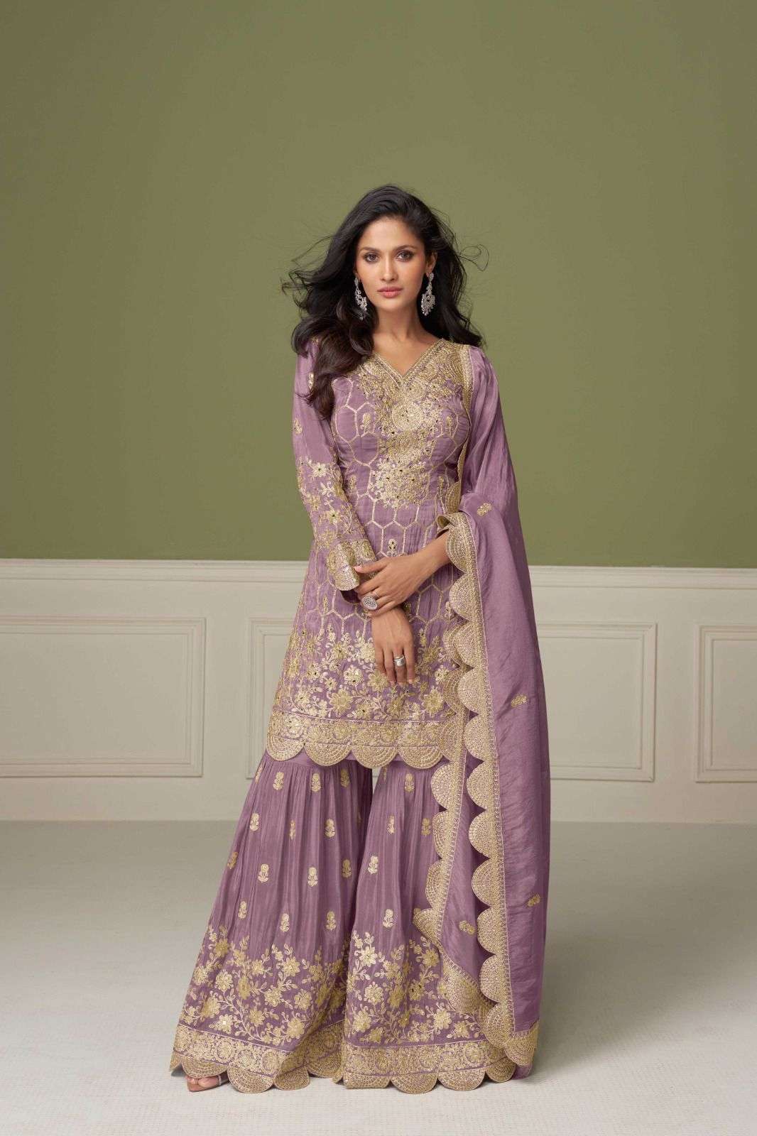 DESIGNER WEDDING PARTY WEAR SIMAR SILK PURPLE SHARARA PALLAZO SALWAR SUIT GL ALEENA 7554 A
