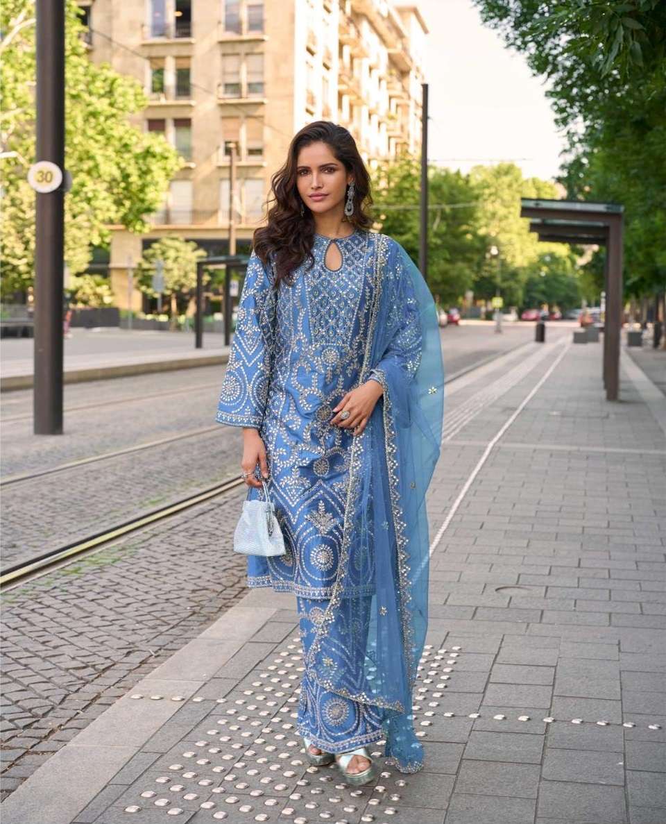 DESIGNER WEDDING PARTY WEAR SIMAR SILK SKY BLUE SHARARA PALLAZO SALWAR SUIT SY MUMTAZ 10031