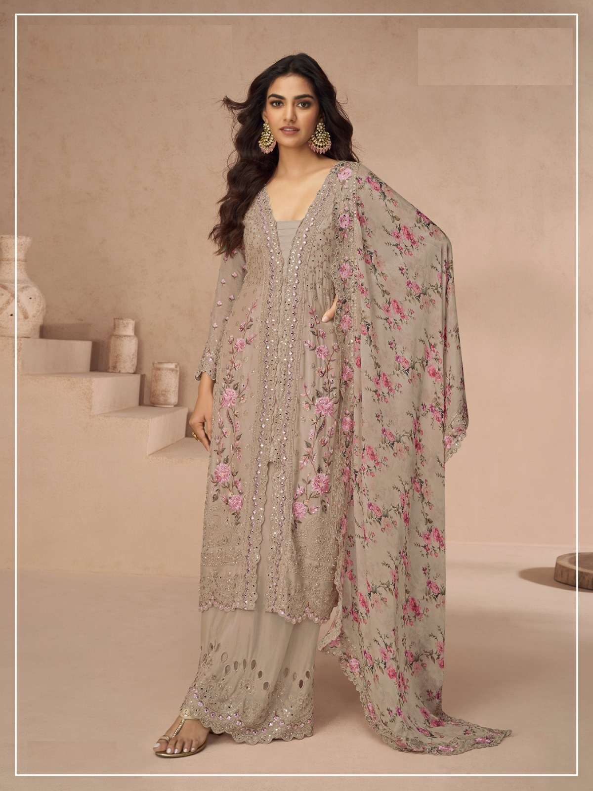 DESIGNER WEDDING PARTY WEAR VICHITRA SILK CHIKU SHARARA SALWAR SUIT JG 10396 A