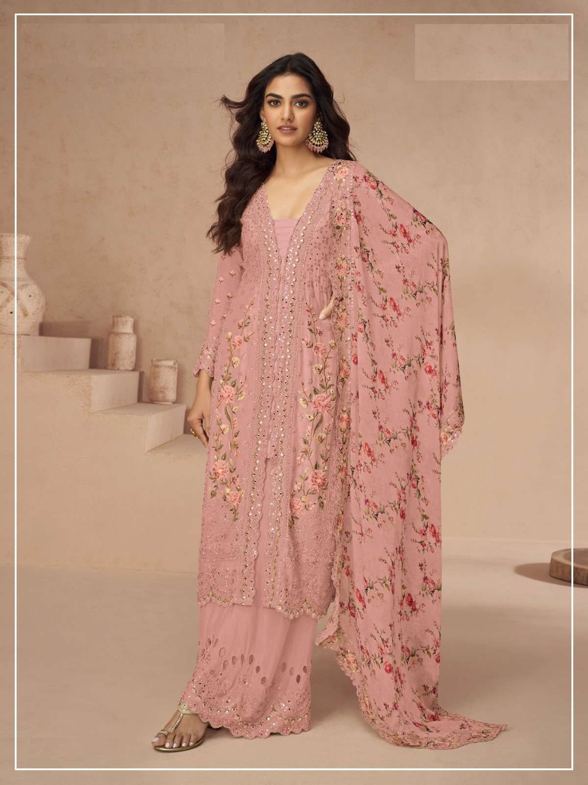 DESIGNER WEDDING PARTY WEAR VICHITRA SILK PEACH SHARARA SALWAR SUIT JG 10396 B