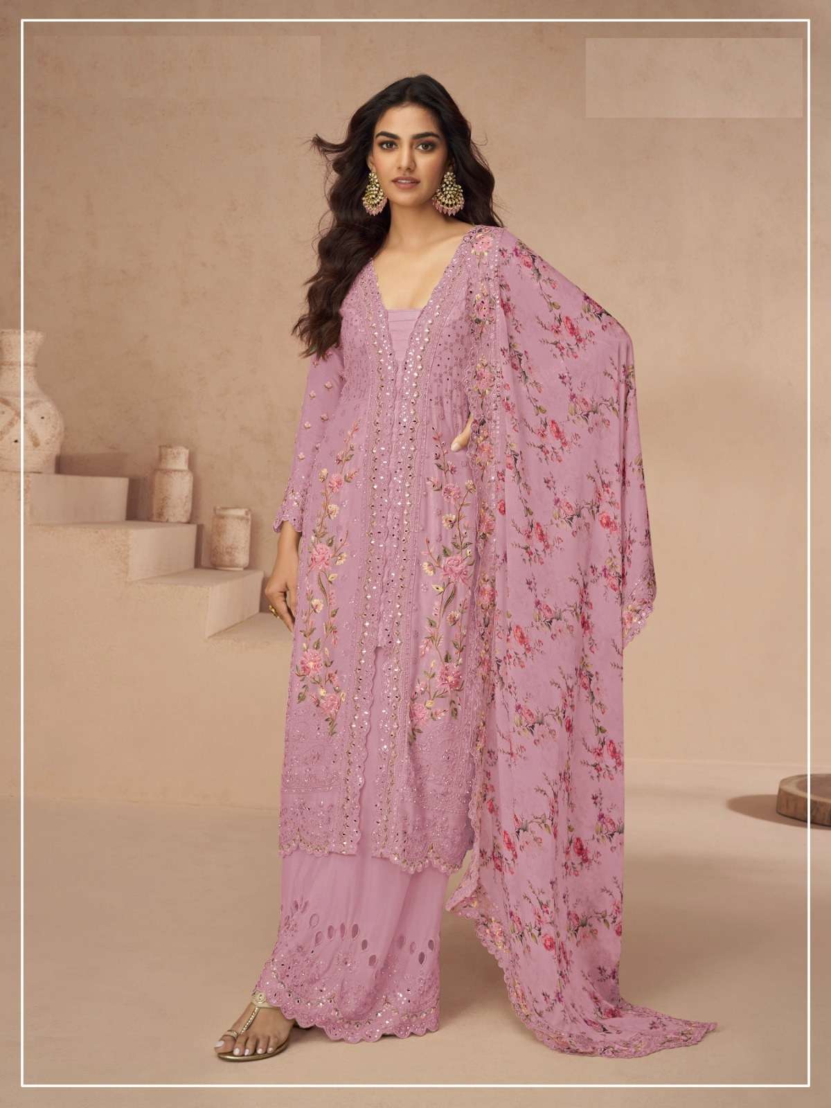 DESIGNER WEDDING PARTY WEAR VICHITRA SILK PINK SHARARA SALWAR SUIT JG 10396 D