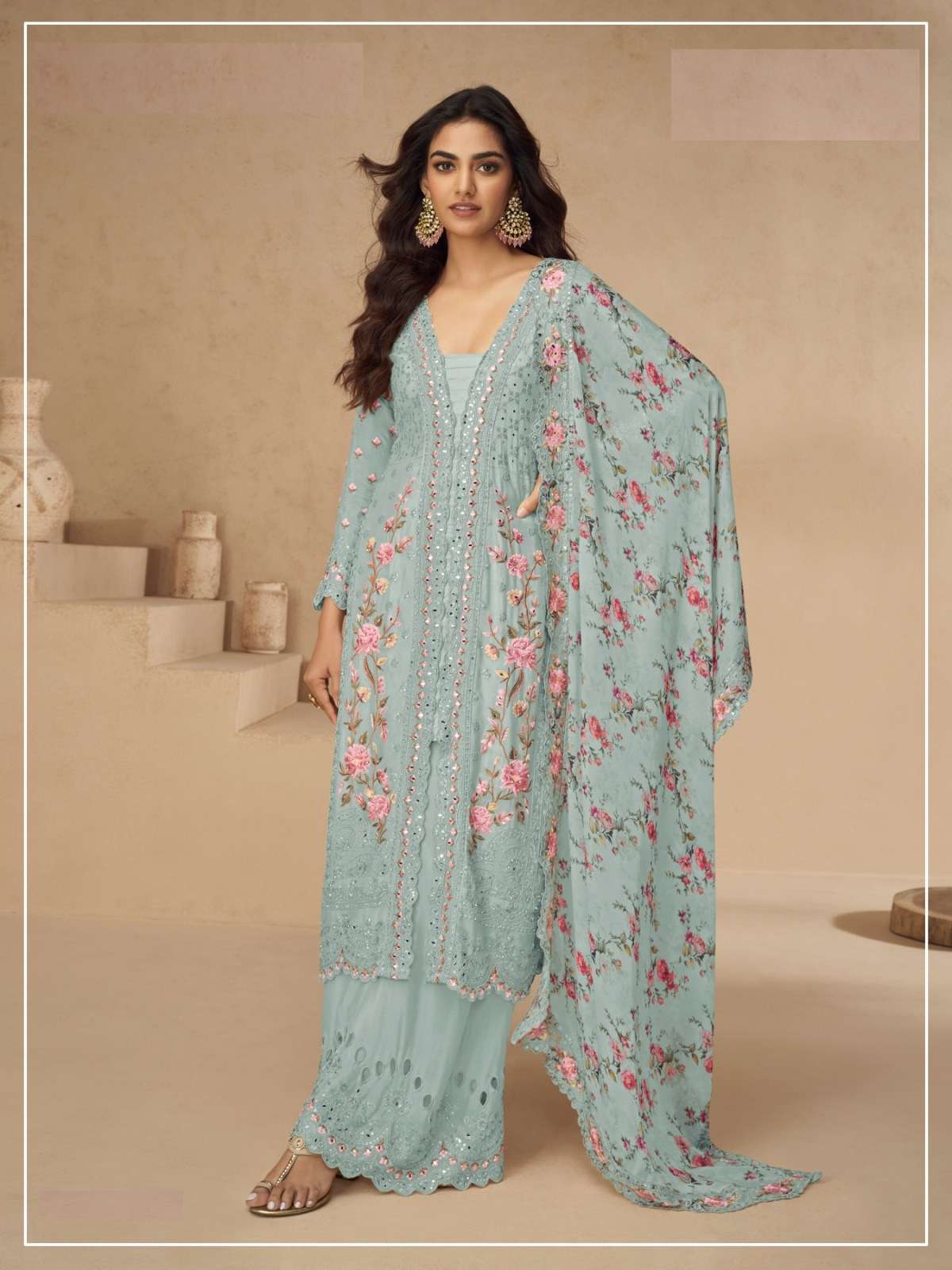 DESIGNER WEDDING PARTY WEAR VICHITRA SILK SKY BLUE SHARARA SALWAR SUIT JG 10396 C