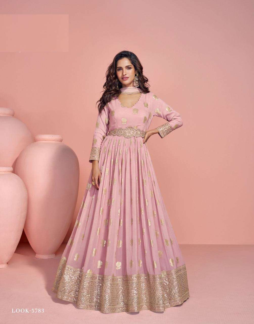 DESIGNER WEDDING PARTY WEAR VISCOSE JACQUARD SILK BABY PINK ANARKALI GOWN SUIT SY SAHEEN 5783