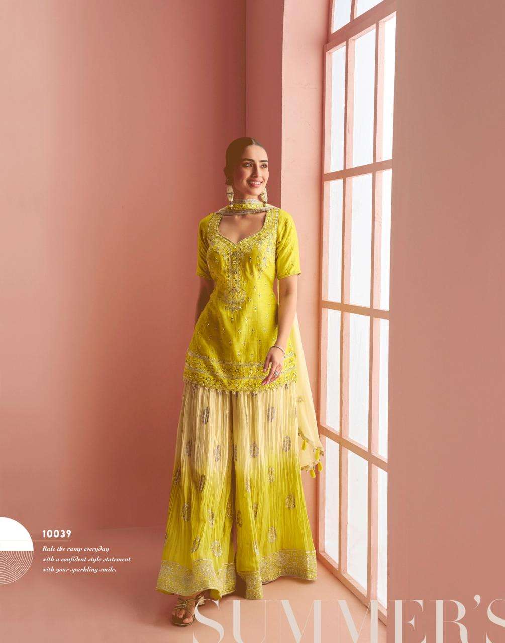 DESIGNER WEDDING PARTY WEAR YELLOW REAL CHINON SHARARA PALLAZO SALWAR SUIT SY BARKHA 10039