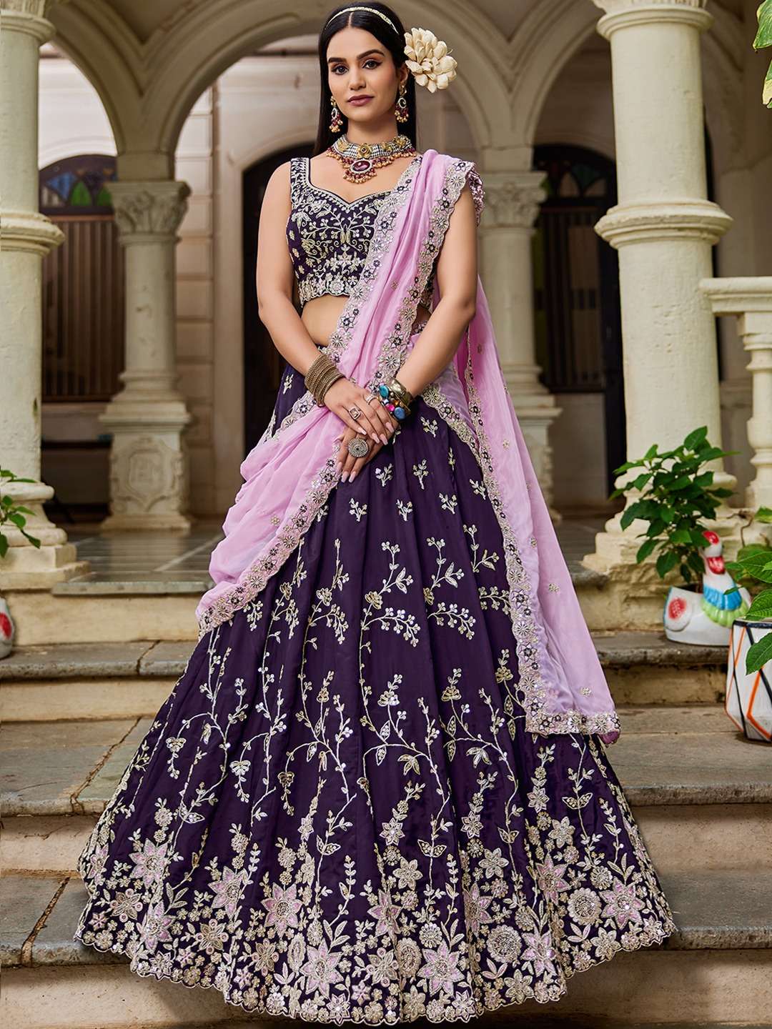 INDIAN DESIGNER BOLLYWOOD WEDDING PARTY WEAR HEAVY ORGANZA PURPLE LEHENGA CHOLI NT 6187 A