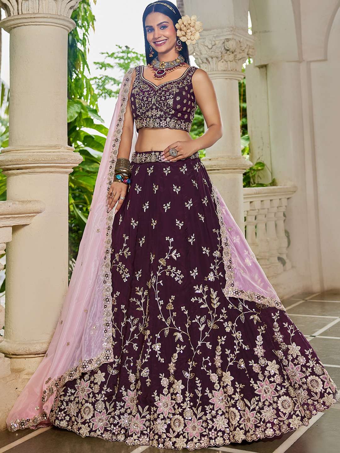 INDIAN DESIGNER BOLLYWOOD WEDDING PARTY WEAR HEAVY ORGANZA MAROON LEHENGA CHOLI NT 6187 B