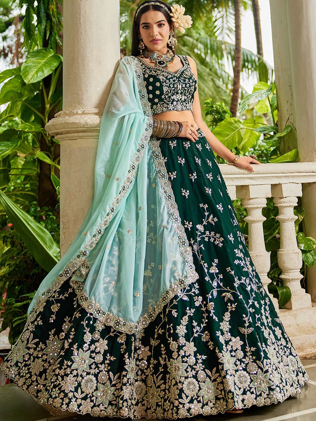 INDIAN DESIGNER BOLLYWOOD WEDDING PARTY WEAR HEAVY ORGANZA GREEN LEHENGA CHOLI NT 6187 C