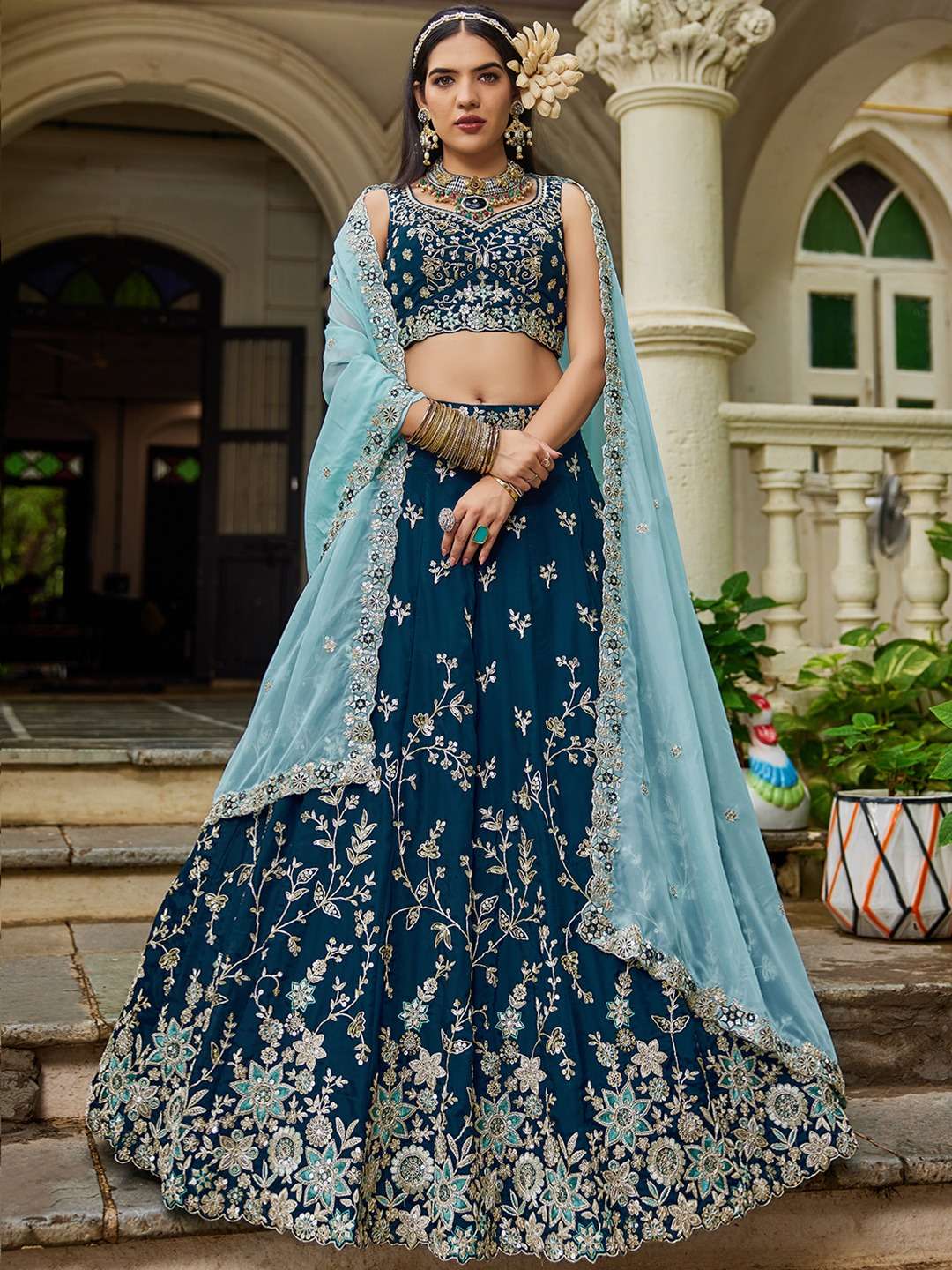 INDIAN DESIGNER BOLLYWOOD WEDDING PARTY WEAR HEAVY ORGANZA TEAL BLUE LEHENGA CHOLI NT 6187 D