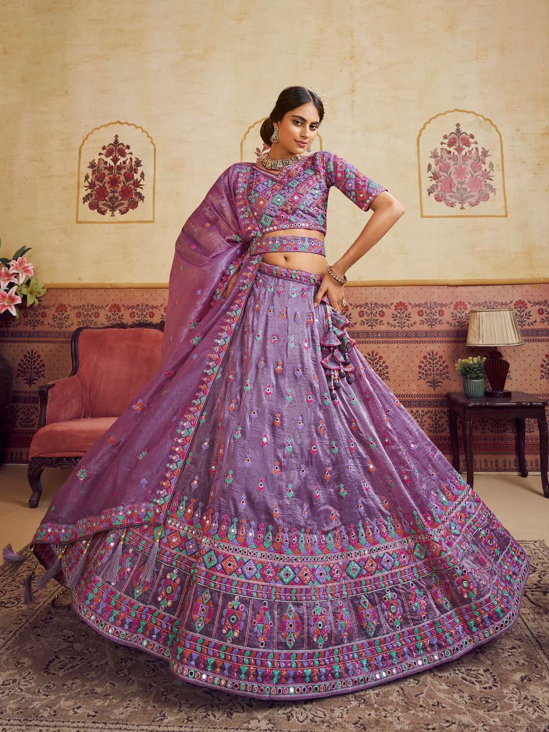 INDIAN DESIGNER BOLLYWOOD WEDDING PARTY WEAR HEAVY PURPLE ORGANZA LEHENGA CHOLI NT 6088 A