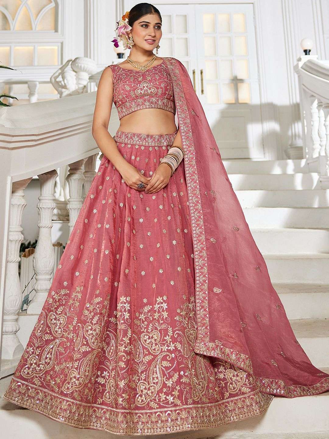 INDIAN DESIGNER BOLLYWOOD WEDDING PARTY WEAR HEAY CRUSHED TISSUE SILK PINK LEHENGA CHOLI NT 6188 B