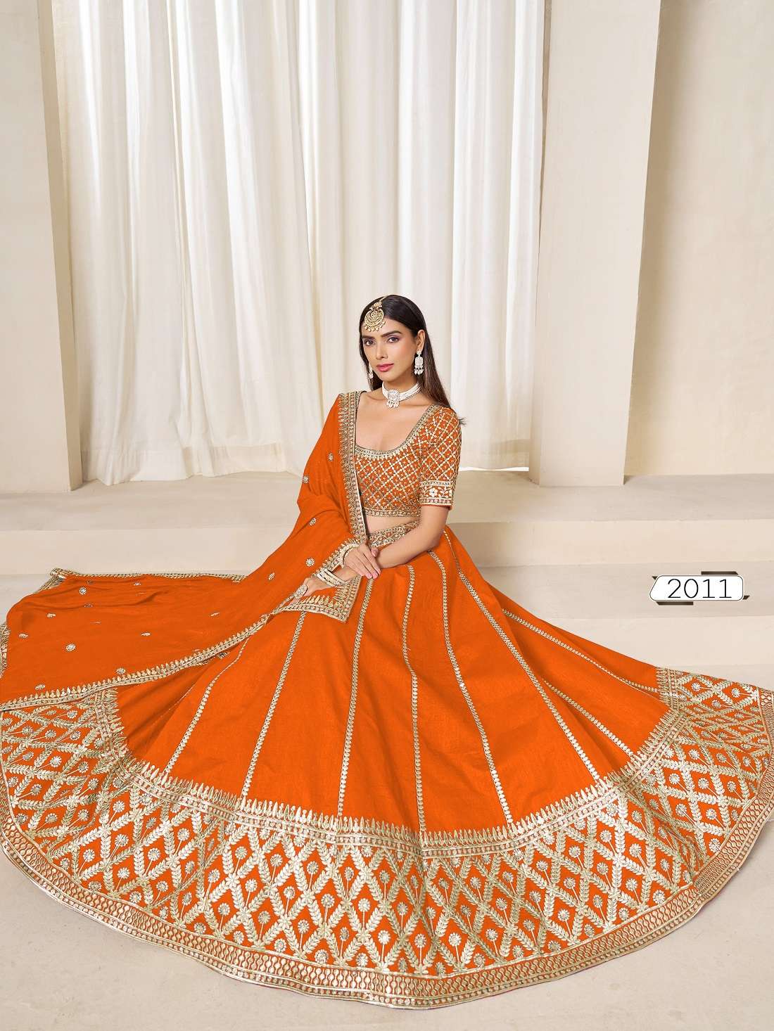 INDIAN DESIGNER BOLLYWOOD WEDDING PARTY WEAR ORANGE ART SILK LEHENGA CHOLI MHVS 2011