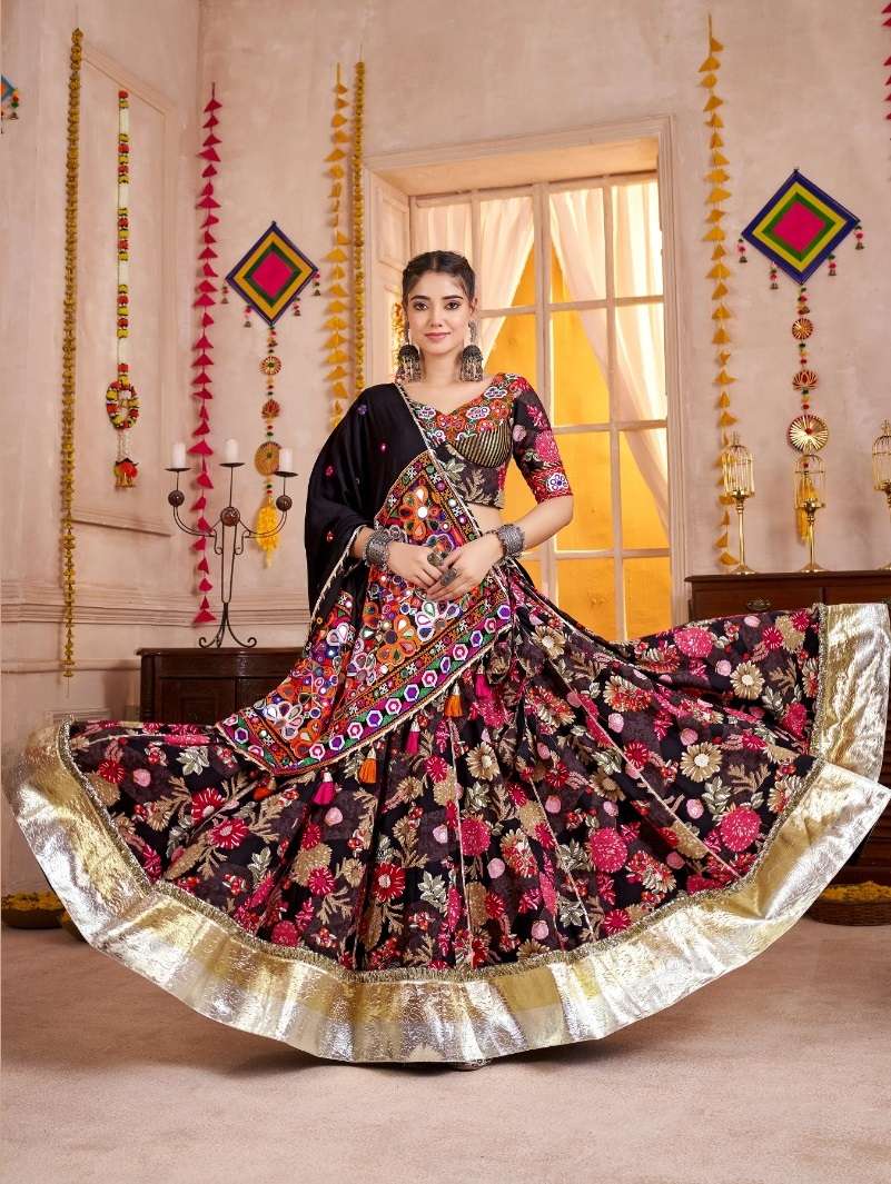 KUTCHI GAMATHI MIRROR WORK BLACK NAVARATRI WEAR VISCOSE COTTON LEHENGA CHOLI KF 11132