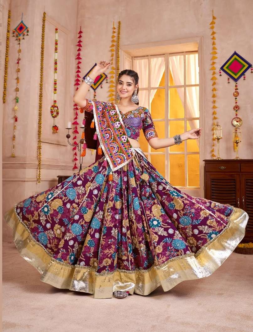 KUTCHI GAMATHI MIRROR WORK PURPLE NAVARATRI WEAR VISCOSE COTTON LEHENGA CHOLI KF 11131