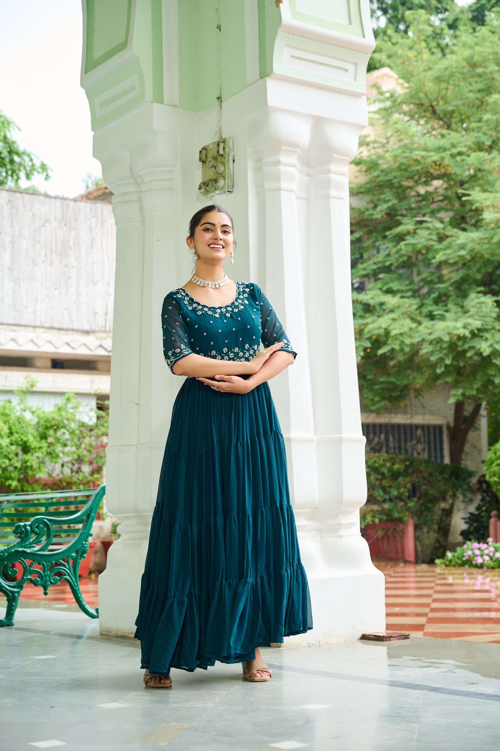 LATEST DESIGNER WEDDING PARTY WEAR READYMADE FAUX BLOOMING RAMA BLUE ANARKALI SUIT LONG GOWN KUMARI 1112 D