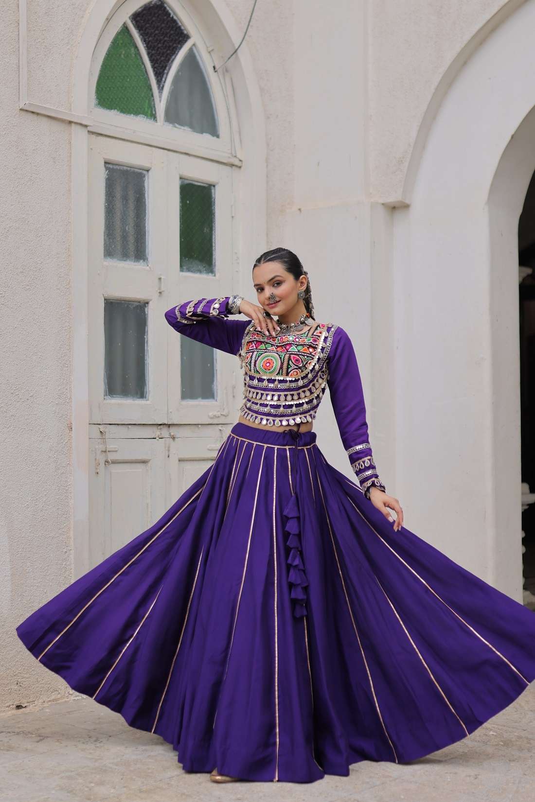 NAVRATRI PURPLE LEHENGA CHOLI GOTA PATTI REAL MIRROR SILK COLLECTION LW 7145 C
