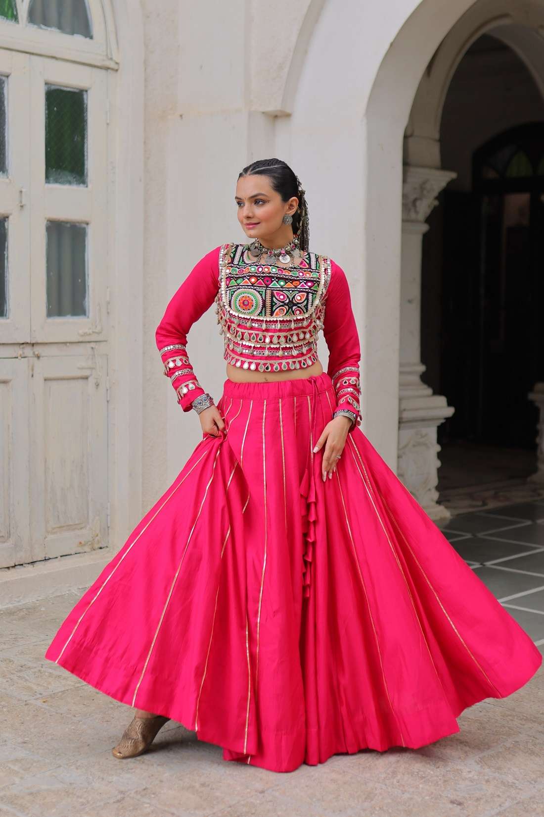 NAVRATRI RANI PINK LEHENGA CHOLI GOTA PATTI REAL MIRROR SILK COLLECTION LW 7145 D