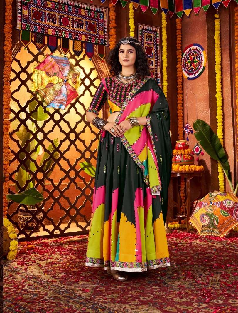 NAVRATRI WEAR GAJJI SILK BLACK LEHENGA CHOLI WITH MIRROR WORK KF RAAS 11062