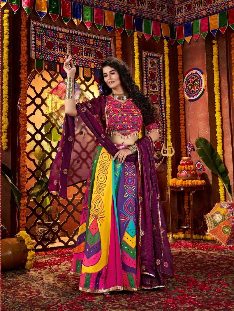 NAVRATRI WEAR GAJJI SILK MULTICOLOR LEHENGA CHOLI WITH MIRROR WORK KF RAAS 11064