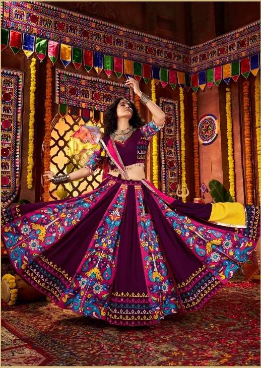 NAVRATRI WEAR GAJJI SILK PURPLE LEHENGA CHOLI WITH MIRROR WORK KF RAAS 11061